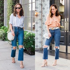 L'AGENCE Audrina High Rise Distressed Straight Leg Crop Jeans Indigo Wash 27 NWT